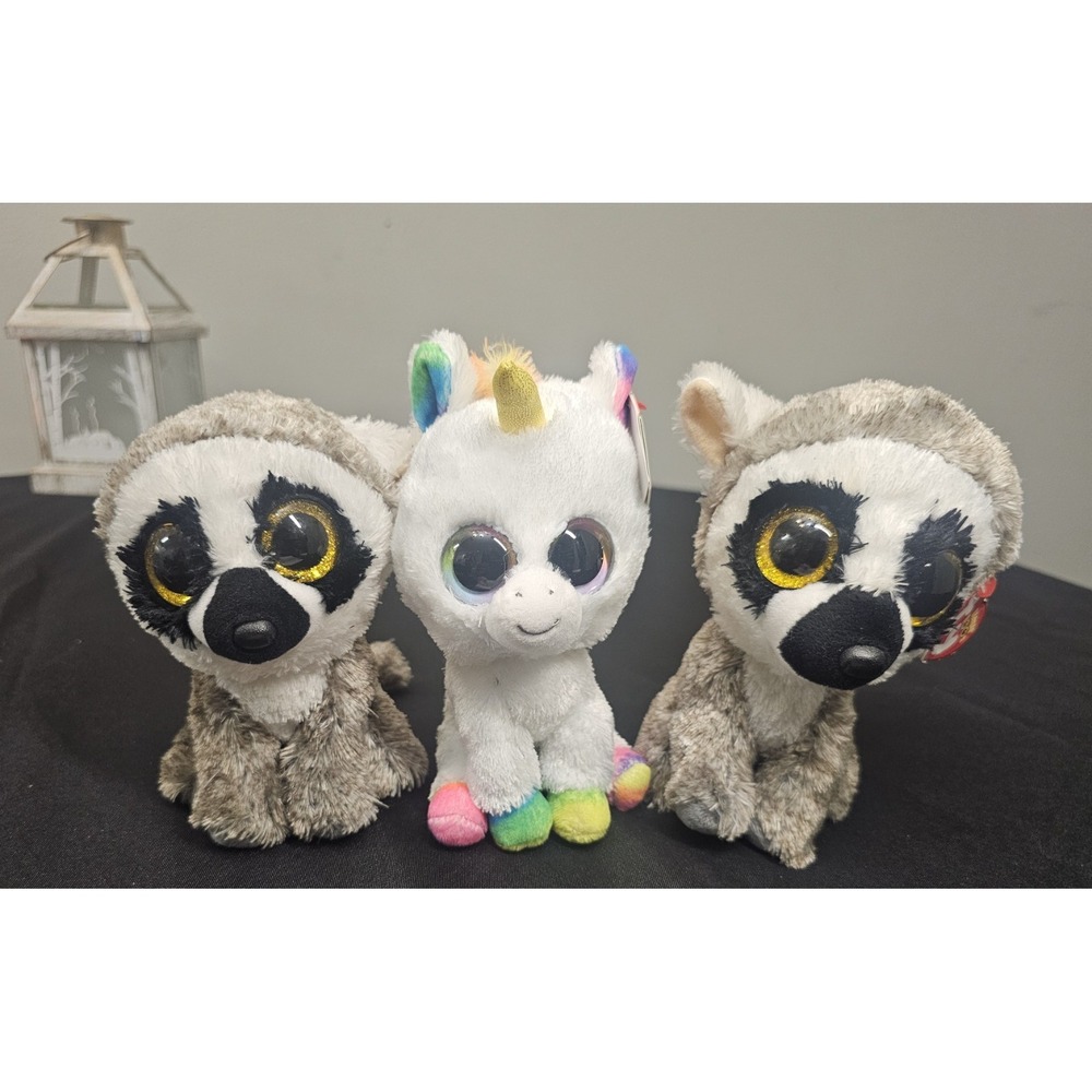 Ty Beanie Boos Linus‎ Lemur & Pixy Unicorn Plush Lot of 3 Stuffed Animals 6in